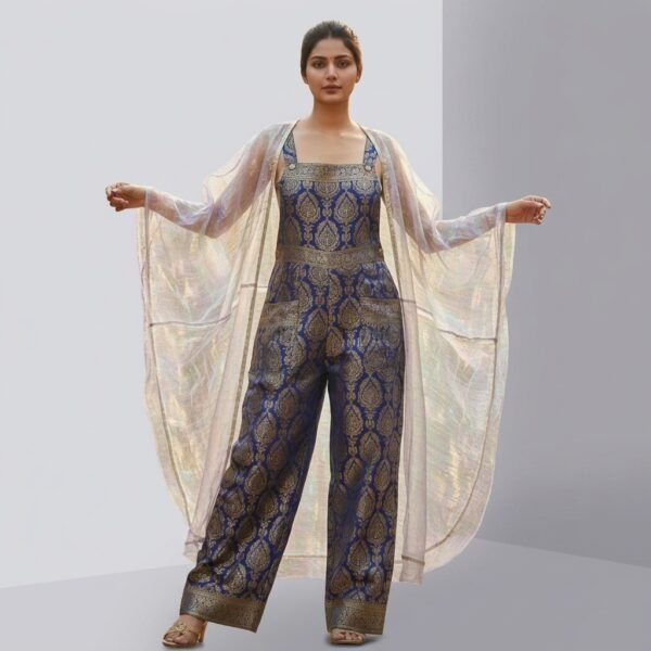 Blue Brocade Jumpsuit With White Sheer Cape for Women