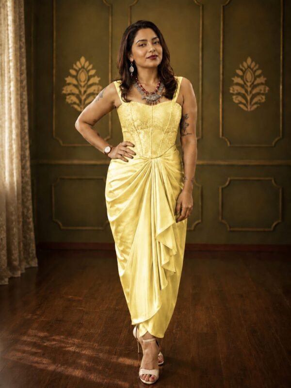 Butter Yellow Satin Draped Skirt with Yellow Brocade Corset Crop Top Set