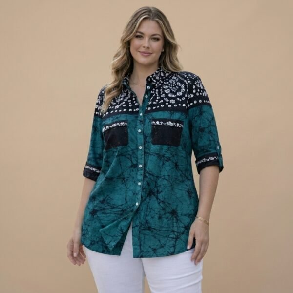 Teal Printed Button-Down Tunic Top for Women