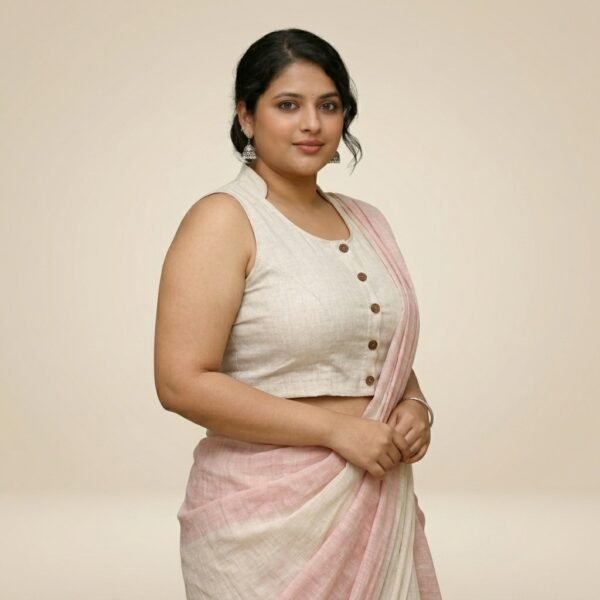White and Pink Linen Saree Blouse for Women