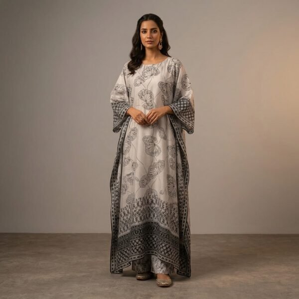 White and black digital printed pure crape KAFTAN  for Women