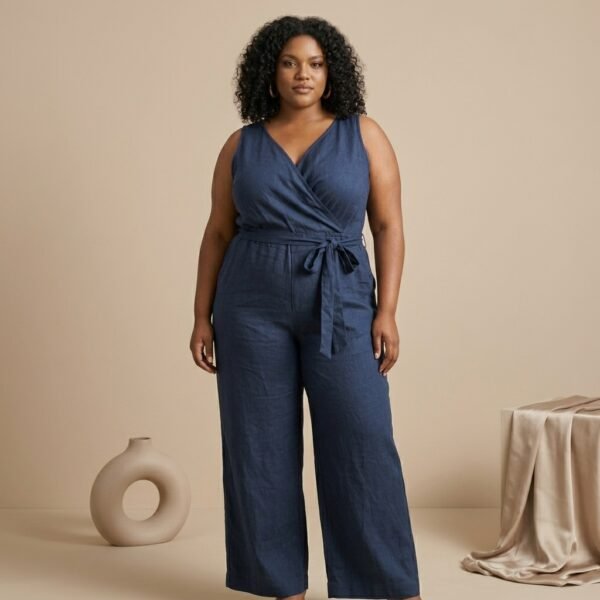 Navy Blue Sleeveless Wrap Jumpsuit for Women