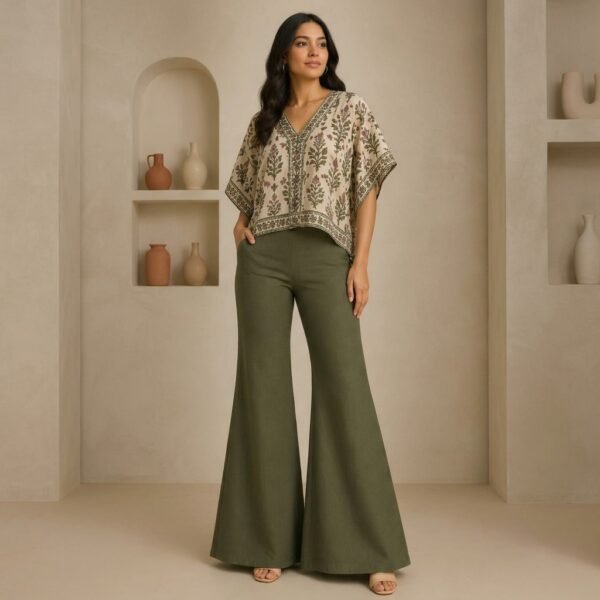 Beige Printed Cotton Kaftan Top With Olive Green Wide Leg Pants