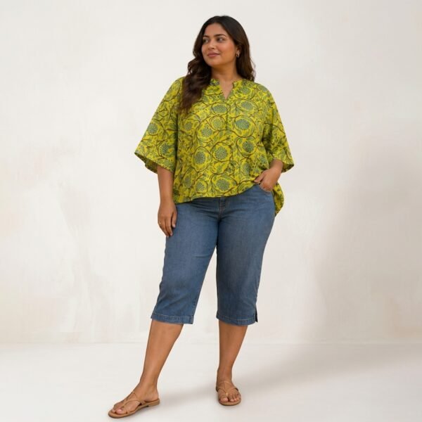 Yellow Floral Print Cotton Oversized Shirt for Women