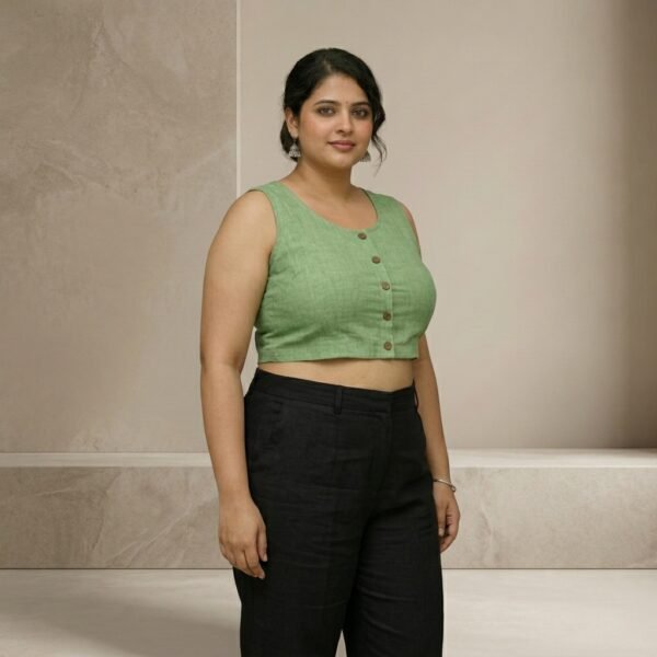 Green pure linen Cotton Sleeveless Blouse With Button Detail For Women