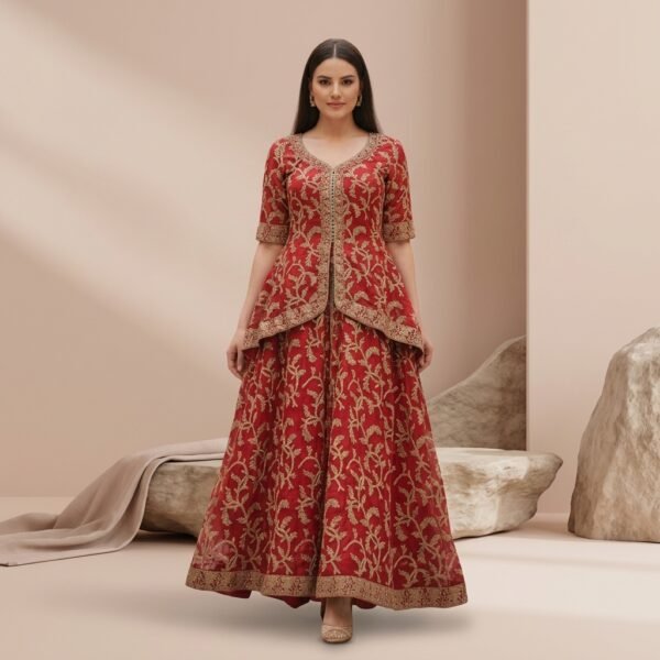 Red Embroidered Silk Blend Anarkali Dress for Women