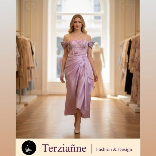 Lilac Satin Off-Shoulder Draped Midi Dress for Women