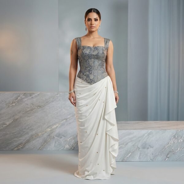 Silver Embellished Corset Top with White Draped Skirt for Women