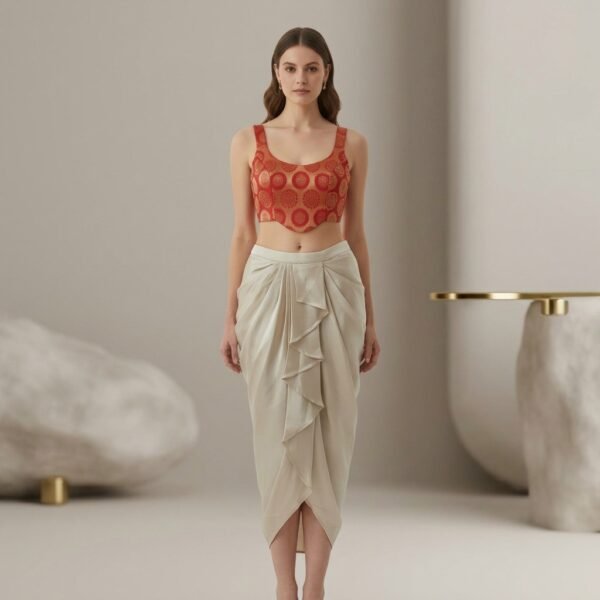 Beige Silk Dhoti Skirt With Ruffled Drape For Women