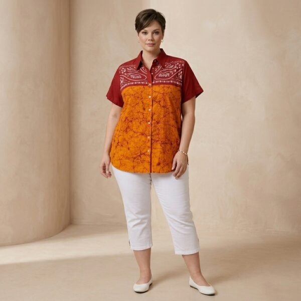 Red And Orange Batik Printed Short Sleeve cotton Shirt For Women