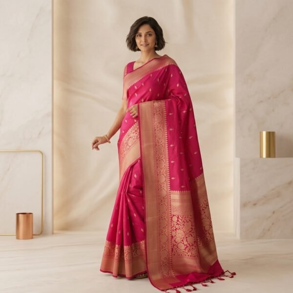Pink Silk Banarasi Saree with Golden Zari Border for Women