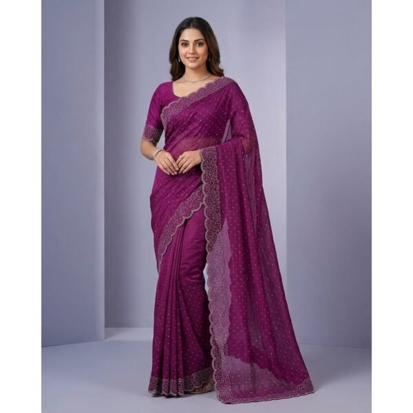 Megenta Tissue crape Embellished Scalloped Saree With unstiched Blouse