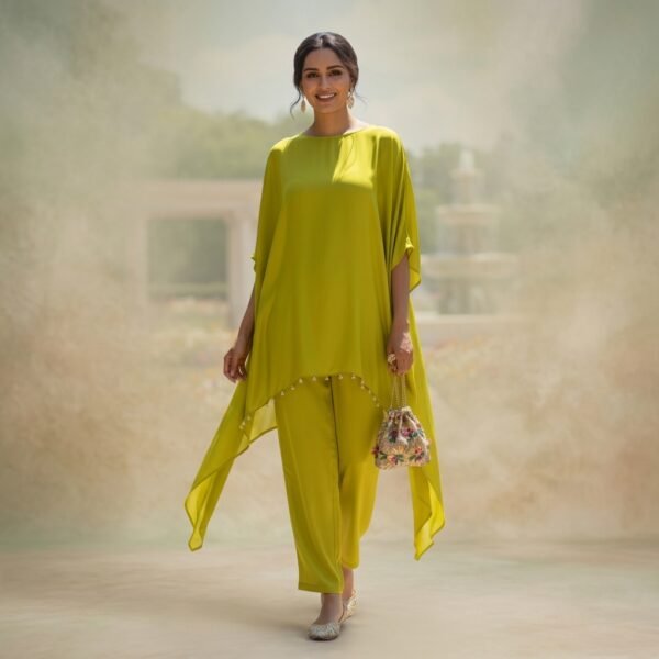 Lime Green Kaftan Kurta Set With Embellished Hem For Women