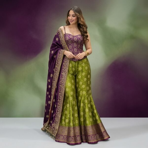 Purple And Green Banarasi Silk Embroidered sharara Lehenga Choli Set
