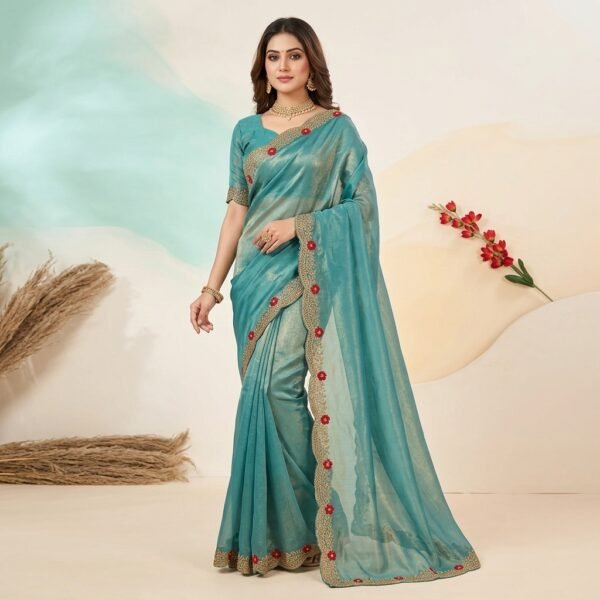 Turquoise Organza Zari Border Saree scallop border