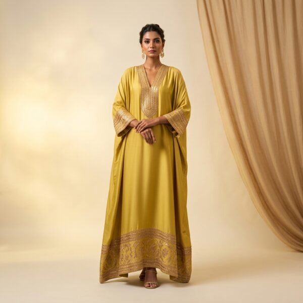 Yellow Silk Embroidered Kaftan for Women