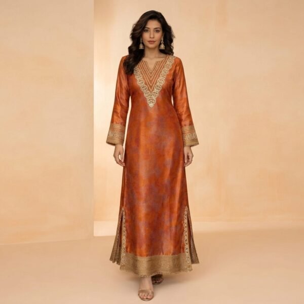 Orange Silk Embroidered V-Neck Aline long Kaftan Dress for Women