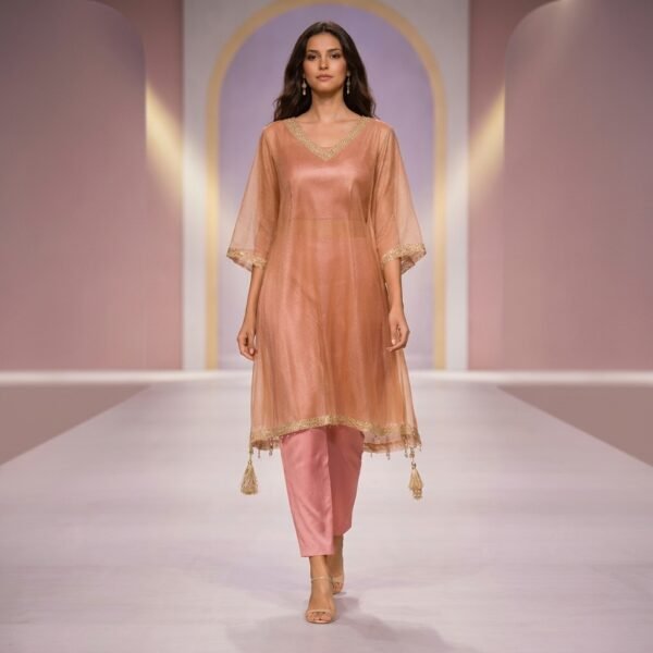 Peach glass tissue Silk Embellished 3 pc kaftan with Pink art silk Pants for Women