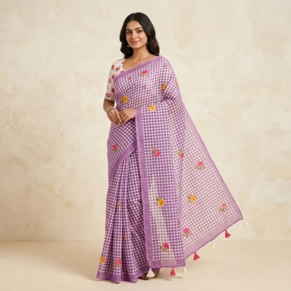 Purple Gingham Check printedCotton Saree with Floral Motif print