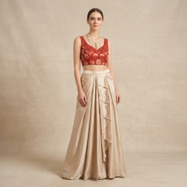 Red Embellished Corset Top With Beige Draped Skirt Set