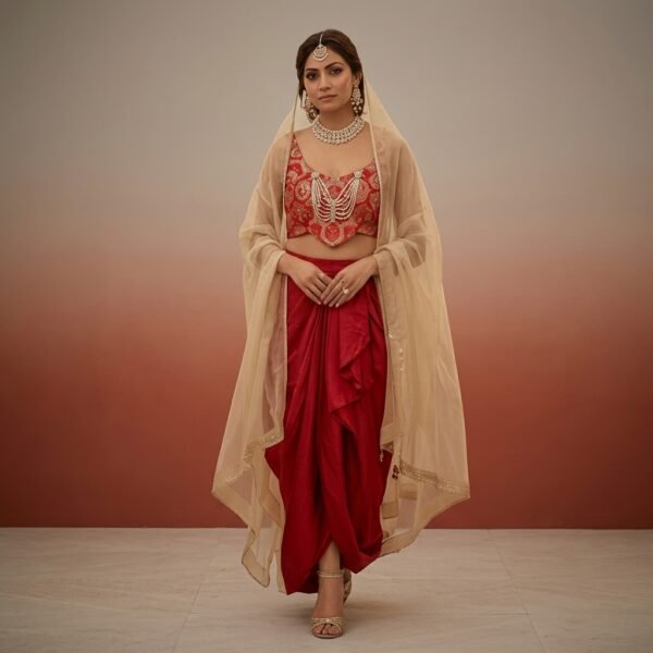 Red Embellished Halter Neck Dhoti Set for Women