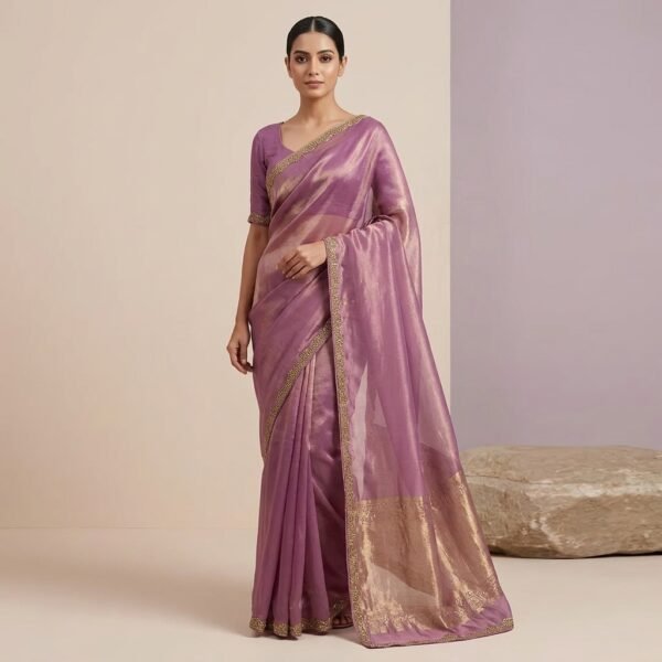 Purple Organza Silk Embellished Saree with Blouse
