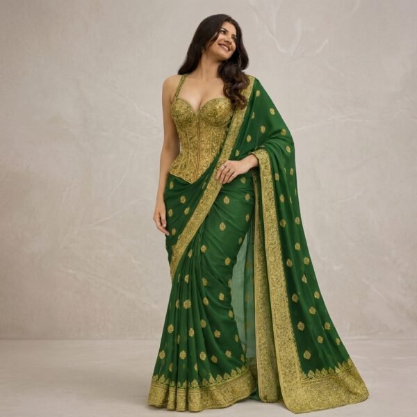 Green Silk Embroidered Saree with Gold Corset Blouse for Women