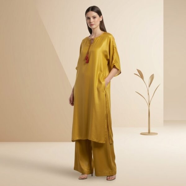 Mustard Yellow Satin Kurta Palazzo Set for Women