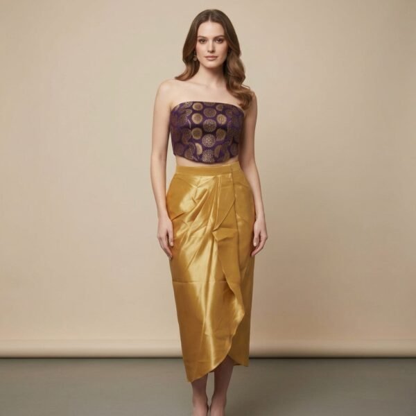 Purple Brocade Tube Top with Gold Draped Skirt Set for Women