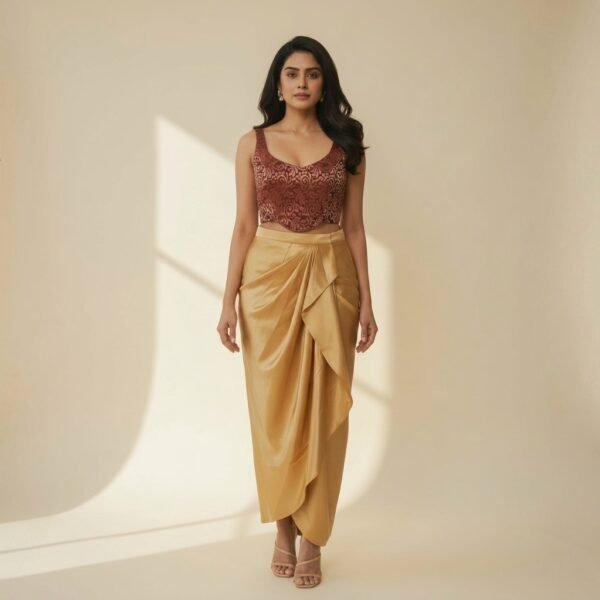 Rust Embroidered Crop Top with Gold Draped Skirt Set for Women