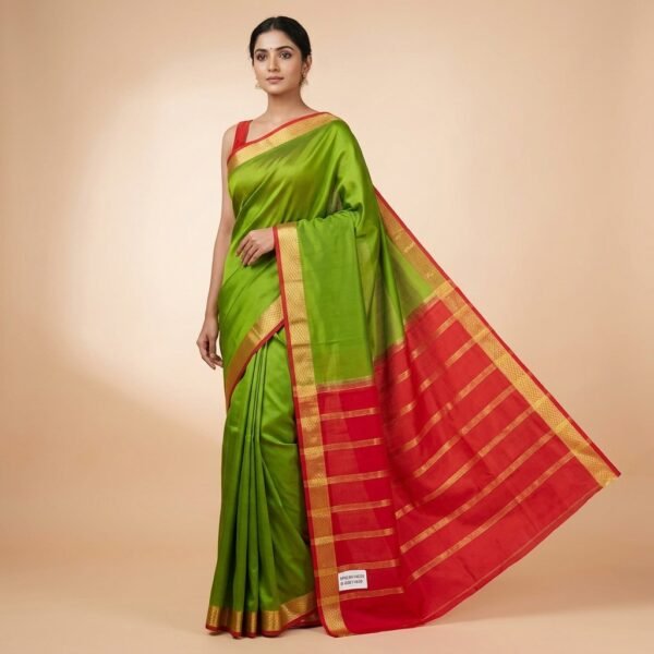Green And Red Pure mysore crape Saree With Golden Zari Border