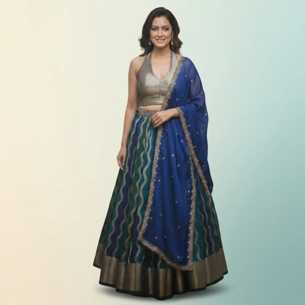 Blue Green Leheriya Silk Lehenga Choli Set for Women