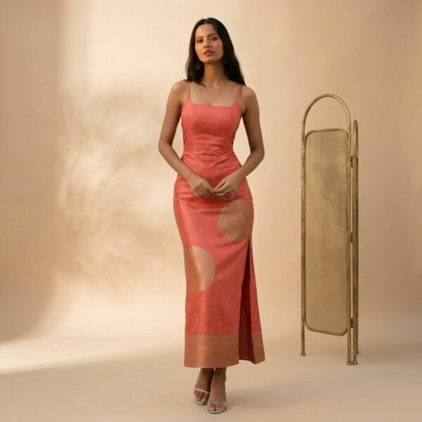 Coral Silk Festive Maxi Dress for Women