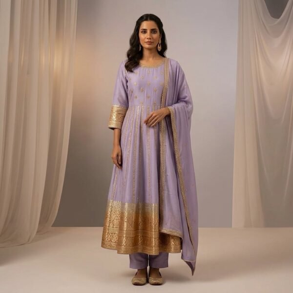 Lavender Gold Embroidered Anarkali Kurta Set for Women