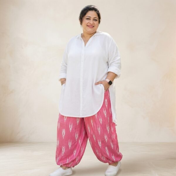 White Cotton Kurta With Pink Ikat Patiala Set For Women