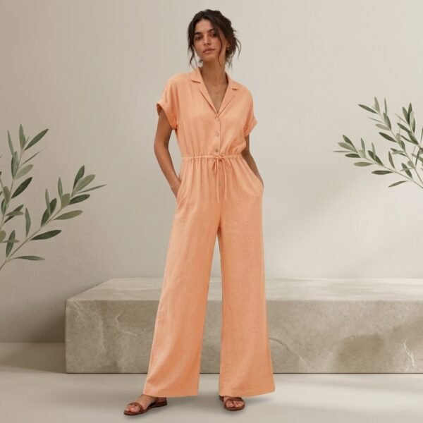 Peach Linen Collared Jumpsuit for Women