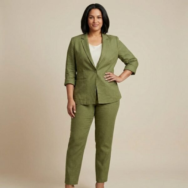 Olive Green Linen cotton Formal Blazer And Trouser Suit Set For Women