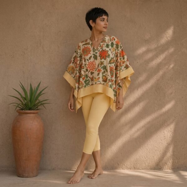 Beige Floral Print Oversized Poncho Top for Women