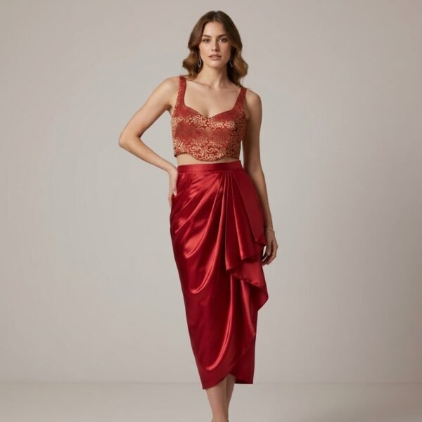 Red Embroidered Satin Crop Top and Draped Skirt Set for Women