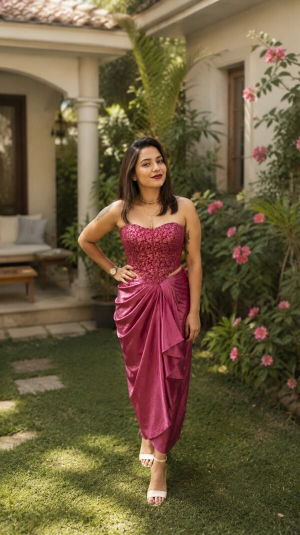 Megenta Pink  Satin Draped Skirt with Megenta and gold Brocade Crop Top Set