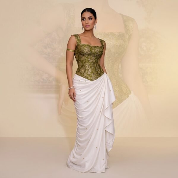 Olive Green Brocade Corset Top With White Draped Skirt