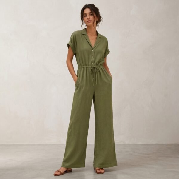 Olive Green Collared Button Down Jumpsuit for Women