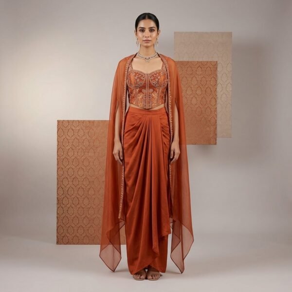 Rust orange brocade corset Set with Drape skirt and tissue cape for Women