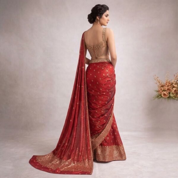 Red Silk Embroidered Saree With Gold Blouse