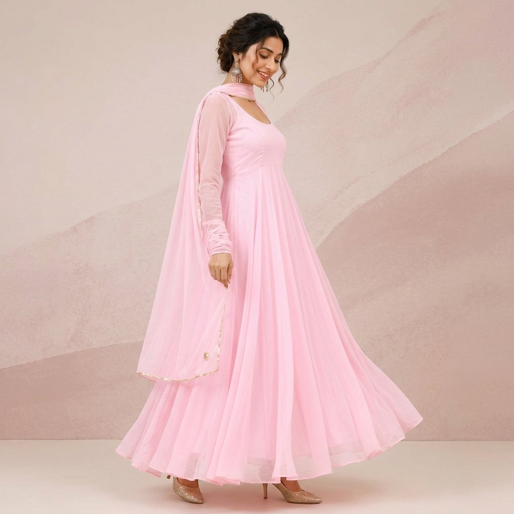 Baby Pink Georgette Flared Anarkali Kurta Set for Women - Image 2