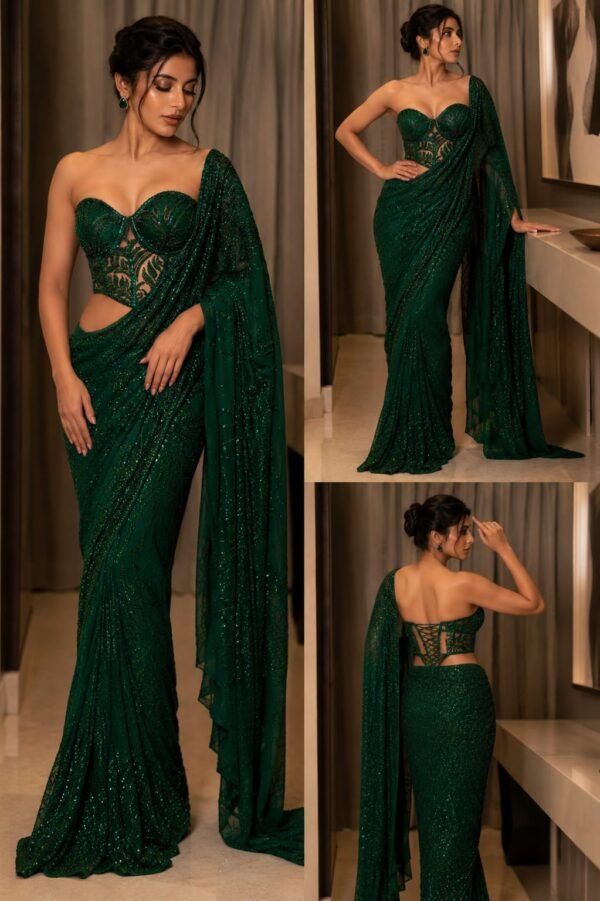 Emerald Green Sequin Netted Drape Saree with Sculpted Corset Blouse