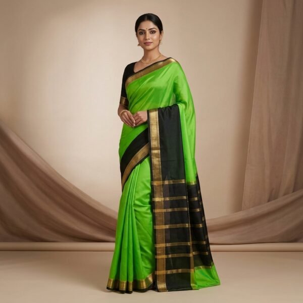 Green And Black Mysore crape Silk Saree With Golden Border