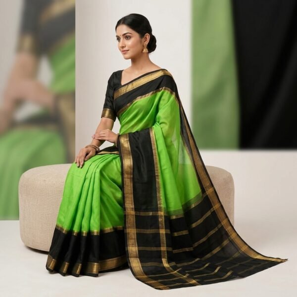 Green And Black Mysore crape Silk Saree With Golden Border