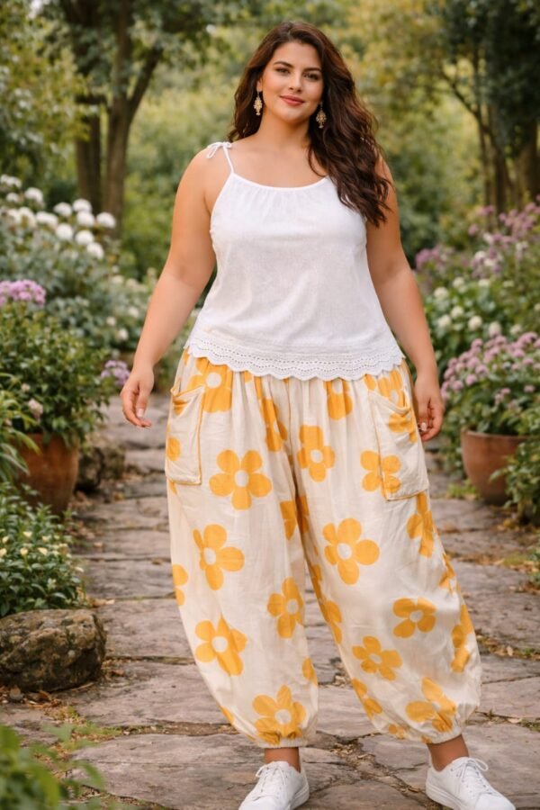 Yellow Floral Print Wide Leg balloonPants for Women