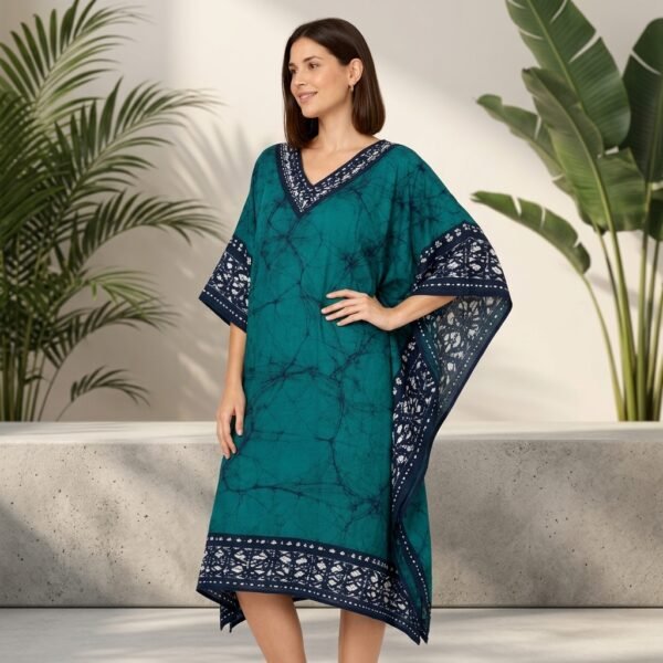 Teal Batik Kaftan with Navy Blue Border for Women